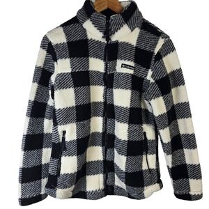 Columbia Womens Fleece Jacket Medium Black White Buffalo Plaid Full Zip Coat